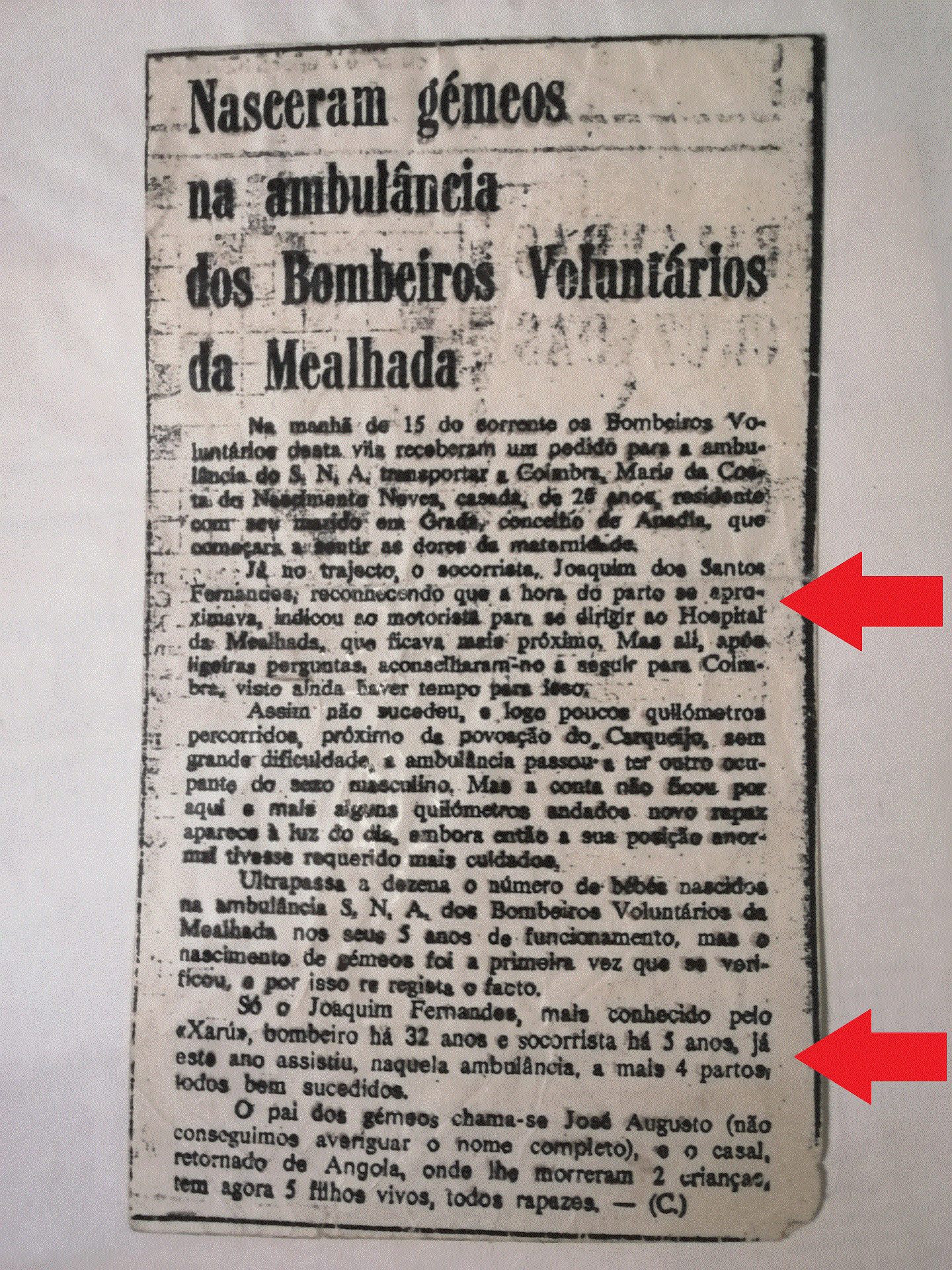 Recorte de Jornal de 1974 que descreve um parto de gémeos, de Grada-Anadia, feito pelo Xaru.